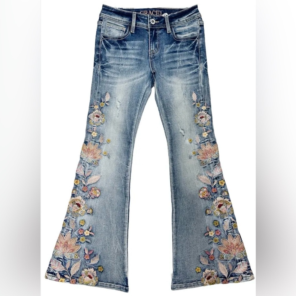 GRACE IN LA | embroidered light blue floral motif flare jeans Gigi Fit #GL-51900 - Picture 6 of 7